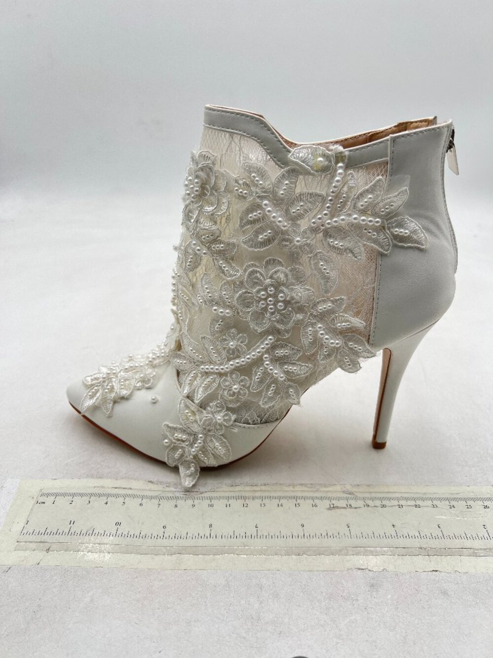 White Women Mesh Pearl Ankle Boots Closed Toe High Heeled Short Booties